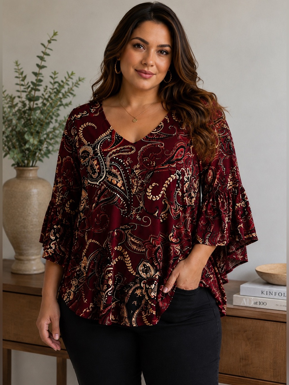 Laura Plus Women’s Burgundy Paisley V-Neck Bell Sleeve Top